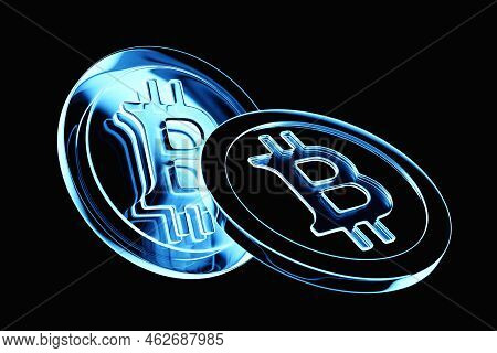 3d Illustration, Blue Neon Bitcoins.  Cryptocurrency Gold Bitcoin Btc Bit Coin. Close-up Of Bitcoin 