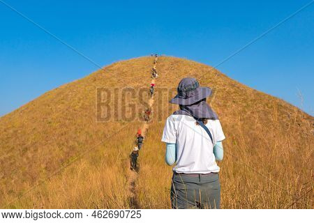 Traveler Female Hiking Enjoying In The Mountains At Khao Chang Puak Mountain Thailand