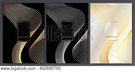 Luxury Design Covers. Curved Guilloche Lines: Gold, Silver And Platinum On A Black Background. Abstr