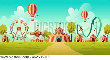 Carnival Funfair, Amusement Park With Circus Tent, Roller Coaster, Carousel And Ferris Wheel. Vector