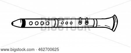 Flute Musical Instrument Style Hand Drawn. Vector Black And White Doodle