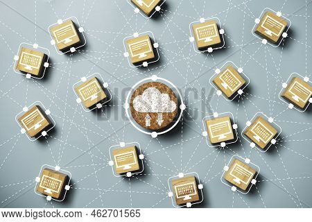 Cloud Computing Icon Linkage Connection With Computer Laptop Icon For Cloud Technology Transfer Data