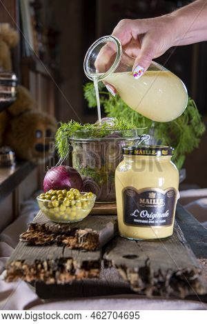 Appetizer Of Herring With Onions In Mustardvinegar Sauce As, Belgium, July 15, 2022
