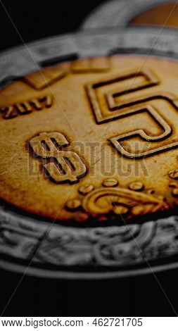 Coin Of Mexican Five Pesos Closeup. Peso Of Mexico. News About Economy Or Finance. Loan And Credit. 