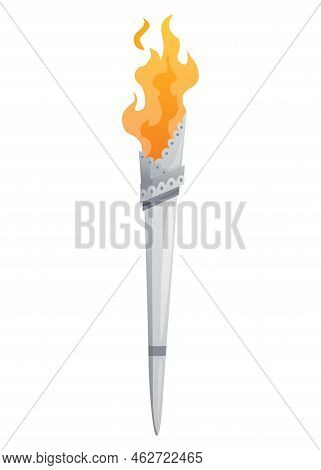Medieval Torch With Burning Fire. Ancient Realistic Metal Torch With Flame. Cartoon Game Element Vec