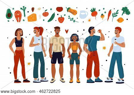 Cartoon Athletic People. Diet Nutrition. Happy Characters. Healthy Food. Vegetables And Fruits. Tone