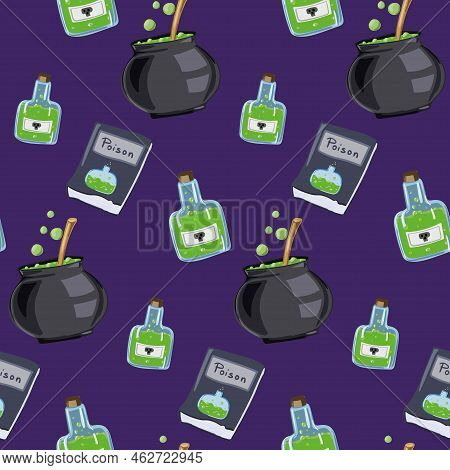 Vector Seamless Pattern With Magical Symbols: Books, Cauldrons.