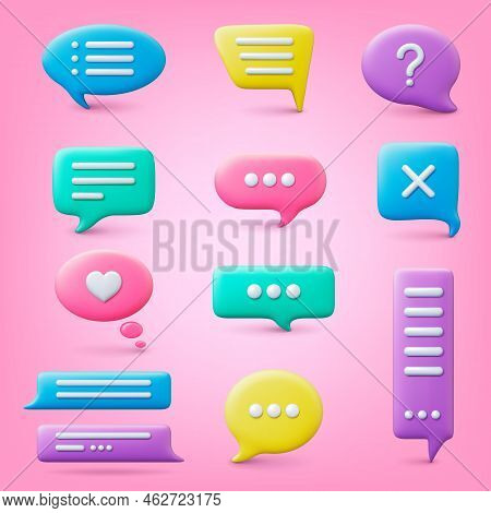 3d Bubble Speech. Talk Message Bubbles, Thinking Elements Colorful Design. Thought Or Feedback, Chat