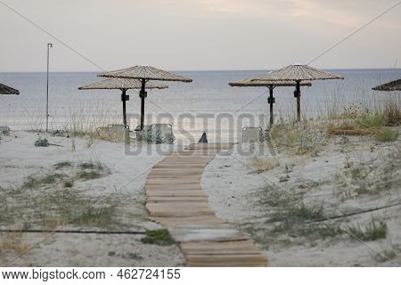 Golden Beach (skala Potamia) On The Greek Island Of Thassos During A Cloudy Summer Morning.