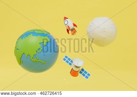 The Moon Is A Satellite Of The Earth. The Planet And The Moon Next To Which Is A Space Satellite And