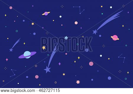 Kids Flat Universe. Cosmic Endless Galaxy Background For Nursery, Space Stars In Night Sky Color Sat