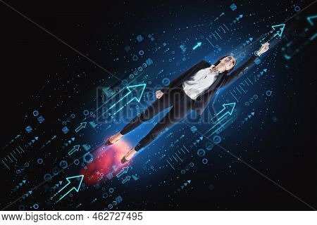 Front View On Happy Young Woman With Raised Hand Taking Off On Digital Wall Background With Arrows U