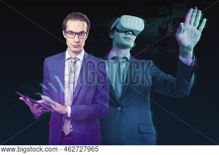 Abstract Dual Image Of Attractive Businessman With Tablet And Vr Glasses Silhouette On Dark Backgrou