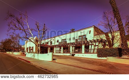 Ojai, United States - February 25 , 2013 : A Winding Road In Ojai, Passing A Big White Colonial Era 