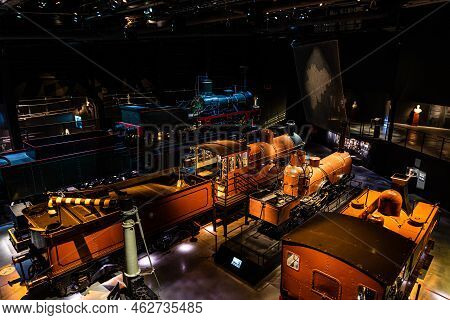 Schaerbeek, Brussels -  Belgium - 11 20 2021 View From Above Over Vintage Train Locomotive Engines A
