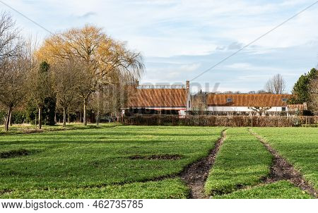 Ghent, Flanders, Belgium - 02 20 2021 - Agriculture Fields And Farm With Staples For Catlle