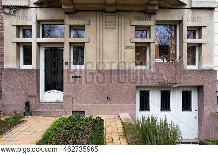 Ghent, Flanders, Belgium - 02 20 2021 - Art Deco Facade And Brick Stones Of A Residential House