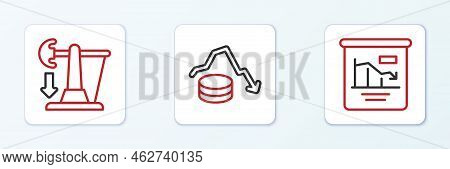 Set Line Pie Chart Infographic, Drop Crude Oil Price And Dollar Rate Decrease Icon. Vector