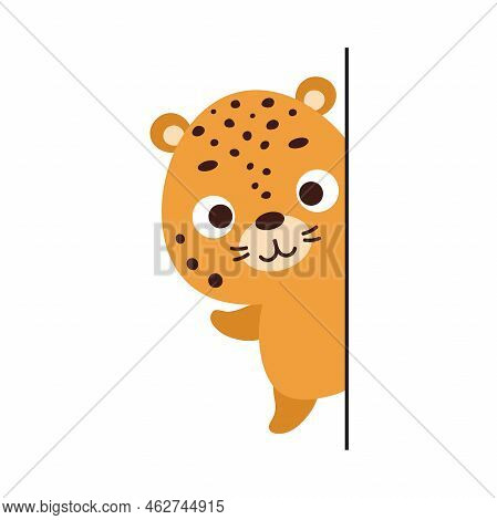 Cute Little Cheetah Peeking Around Corner On White Background. Cartoon Animal Character For Kids T-s