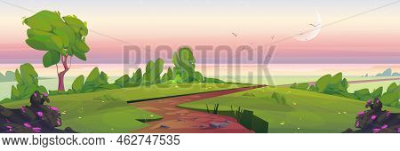 Sunrise Nature Landscape, Summer Early Morning Cartoon Background With Narrow Dirt Road Going Along 