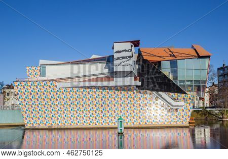 Groningen, Netherlands - February 13, 2021: Frozen Canal With Modern Architecture In Groningen, Neth