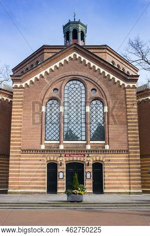 Purmerend, Netherlands - March 31, 2021: Entrance To The Historic Catholic Church In Purmerend, Neth