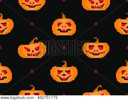 Pixelated Pumpkins With Carved Faces For Halloween Seamless Pattern. 8 Bit Halloween Pumpkins In Pix