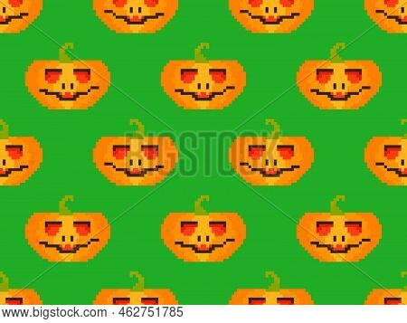 Pixelated Pumpkins With Carved Faces For Halloween Seamless Pattern. 8 Bit Halloween Pumpkins In Pix