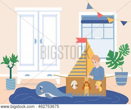 Kids Cardboard Toys Flat Poster With Boy In Carton Sailship Vector Illustration