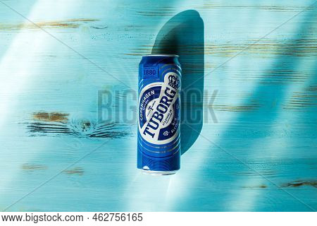 Tyumen, Russia-august 02, 2022: Tuborg Beer Non Alcoholic Can. Tuborg Advertisement Concept With Blu