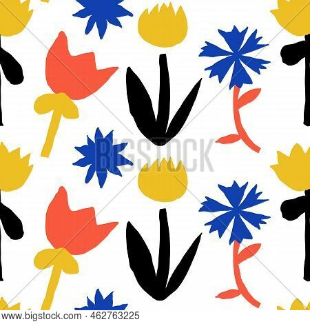 Abstract Scandinavian Floral Seamless Pattern, Hand Drawn Flower Shapes Background