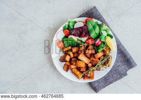 Top View Healthy Salad With Cherry Tomato, Beetroot Straws, Spinash And Lettuce Leaves And Portion O