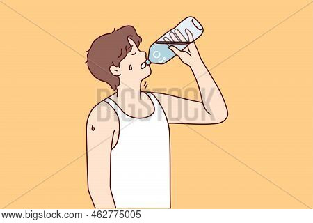 Thirsty Young Man Suffer From Heatstroke Drinking Water From Bottle. Guy Enjoy Clean Still Liquid St