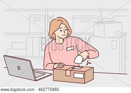Woman Employee Work With Scanner At Warehouse. Smiling Female Worker Packing Parcels At Storehouse O