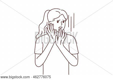 Scared Young Woman Make Hand Gesture Feeling Terrified Or Frightened. Unhappy Worried Girl Stressed 