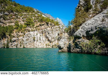 Mountain Lake. Emerald Water Reservoir Behind The Dam Oymapinar. Green Canyon In Manavgat Region, Tu