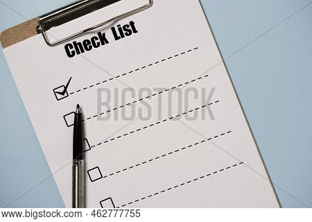 Pen Tick Mark Sign With Check List Paper Sheet And Clipboard On Blue Background For To Do List Or Pl