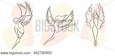 Silhouettes Of Women With Wings Set. Line Art.