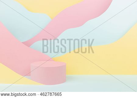 Modern Vapor Wave Style Stage Mockup With Pink Round Podium, Pastel Color Mountain Landscape - Pink,