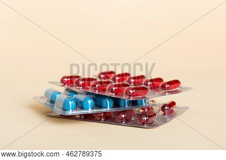 Too Many Different Pill Cartridges Stacked. Selective Focus. Packs Of Blister Pills With Tablets. Co