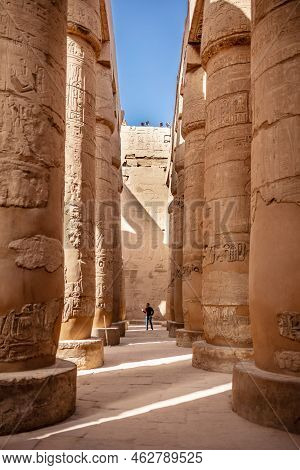 Karnak, Luxor Region Egypt - 17.01.2019: Different Hieroglyphs On The Walls And Columns In The Karna