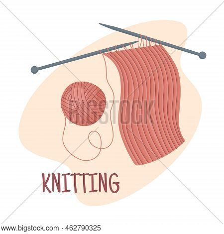 Ball Of Yarn With Knitting Needles And Bound Canvas. Clews, Skeins Of Wool. Tools For Knitwork, Hand