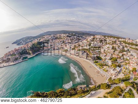 Amazing View On Ulcinj Town In Montenegro. Clock Tower Of Ulcinj Sahat Kulla. Lami Mosque. Ulcinj Is