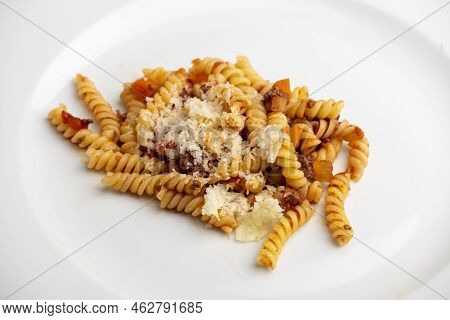 Overview Of Spirelli Pasta On A White Plate
