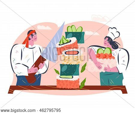Japanese Seafood Sushi Restaurant Professional Cooks Or Sushi Makers For Logo Or Menu Card Design. J