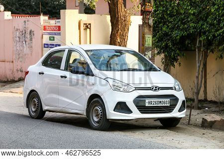 Gurgaon, India - March 3, 2022: Small City Car Hyundai Grand I10 In A City Street.