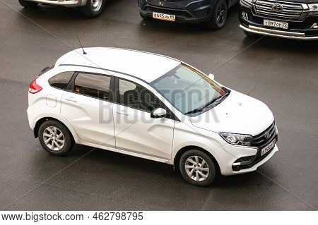 Novyy Urengoy, Russia - September 9, 2020: White Compact Crossover Lada X-ray In The City Street.