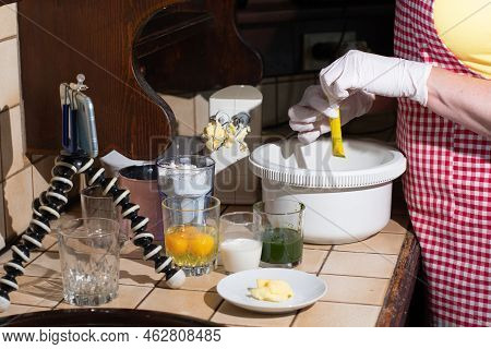 Woman Cooking Spinach Muffin Step By Step, Adding Vanillin To The Dough