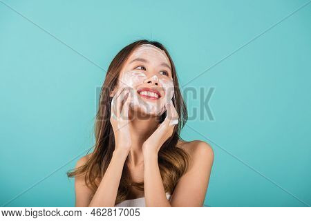 Asian Woman Face Wash Exfoliate Scrub Soap Foam With Skincare Cleansing, Portrait Beautiful Female S