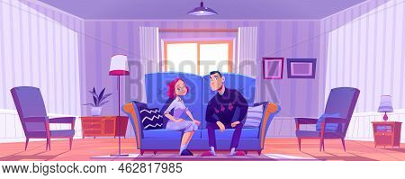 Happy Couple, Young Man And Woman Sit Together On Couch In Living Room. Family Relax At Home. Vector